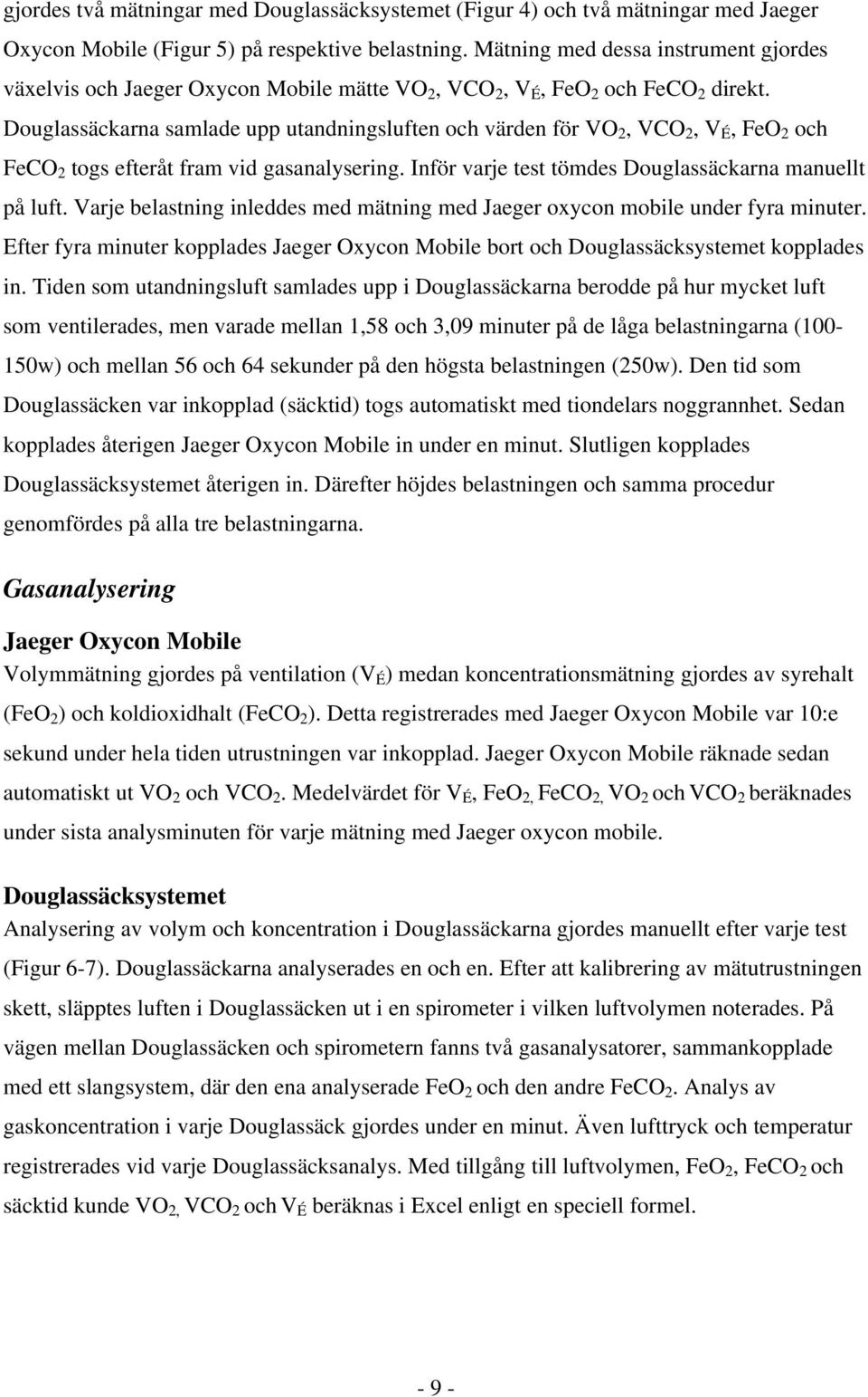 Douglassäckarna samlade upp utandningsluften och värden för VO 2, VCO 2, V É, FeO 2 och FeCO 2 togs efteråt fram vid gasanalysering. Inför varje test tömdes Douglassäckarna manuellt på luft.