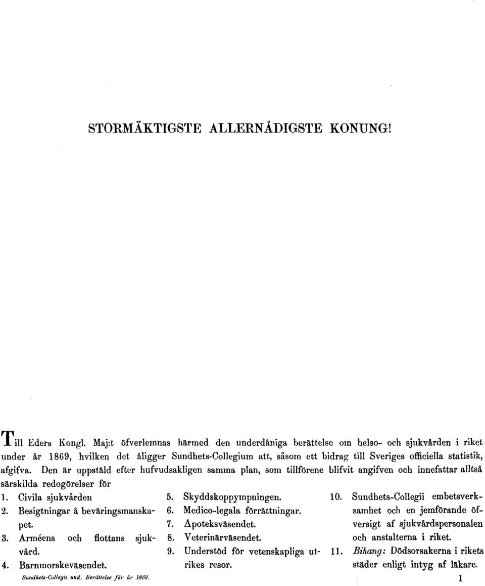 afgifva. Den är uppstäld efter hufvudsakligen samma plan, som tillförene blifvit angifven och innefattar alltså särskilda redogörelser för 1. Civila sjukvården 5. Skyddskoppympningen. 10.