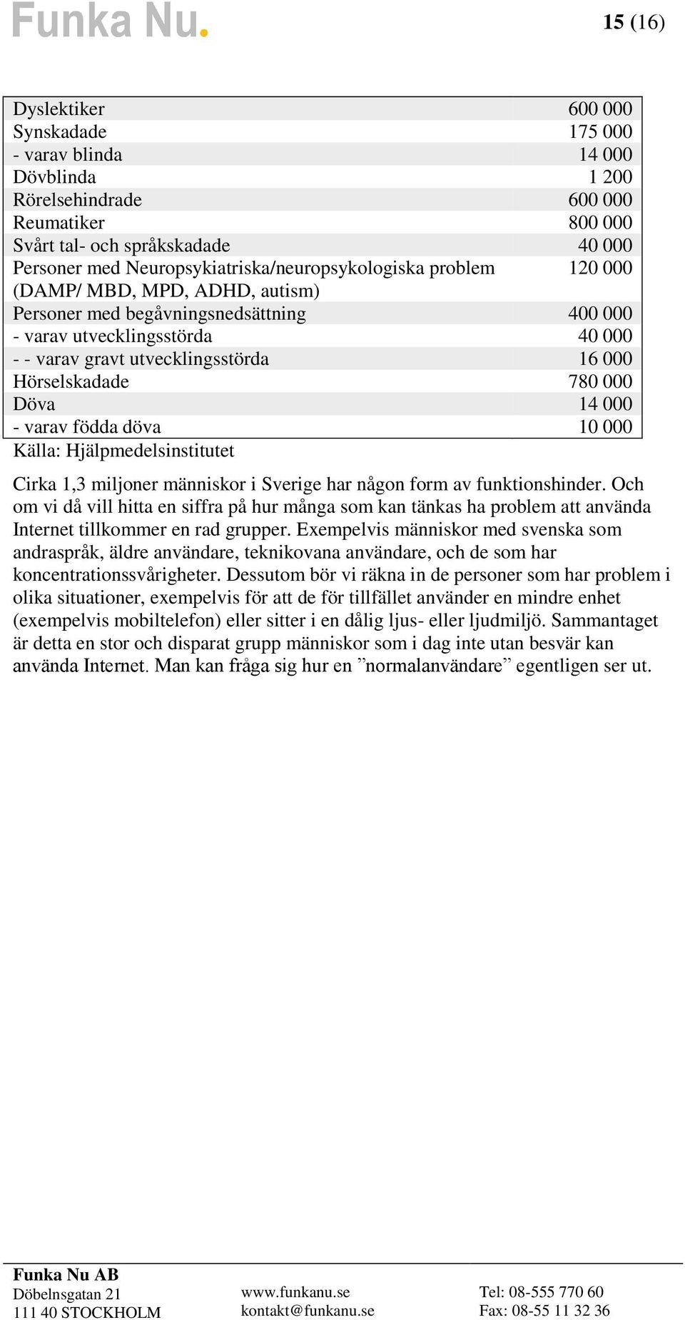 Hörselskadade 780 000 Döva 14 000 - varav födda döva 10 000 Källa: Hjälpmedelsinstitutet Cirka 1,3 miljoner människor i Sverige har någon form av funktionshinder.