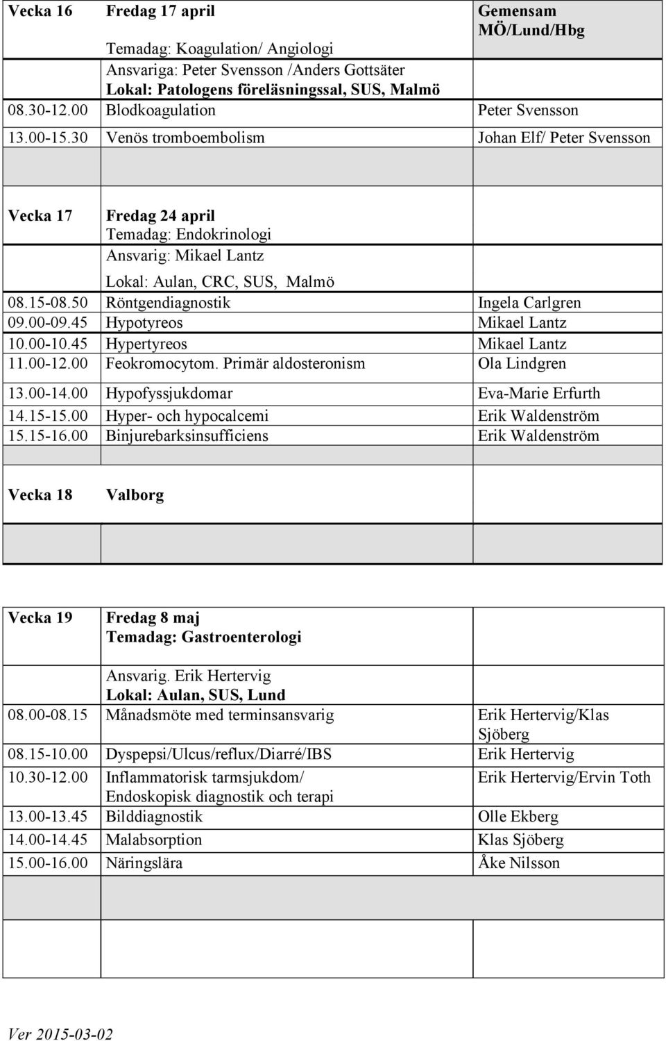 50 Röntgendiagnostik Ingela Carlgren 09.00-09.45 Hypotyreos Mikael Lantz 10.00-10.45 Hypertyreos Mikael Lantz 11.00-12.00 Feokromocytom. Primär aldosteronism Ola Lindgren 13.00-14.