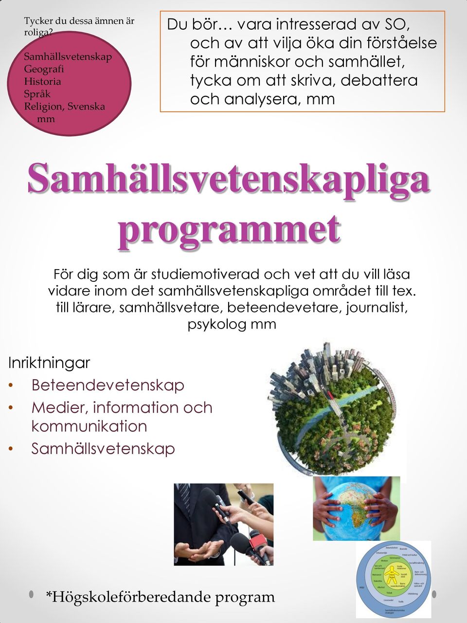 människor och samhället, tycka om att skriva, debattera och analysera, Samhällsvetenskapliga prograet För dig som är studiemotiverad och