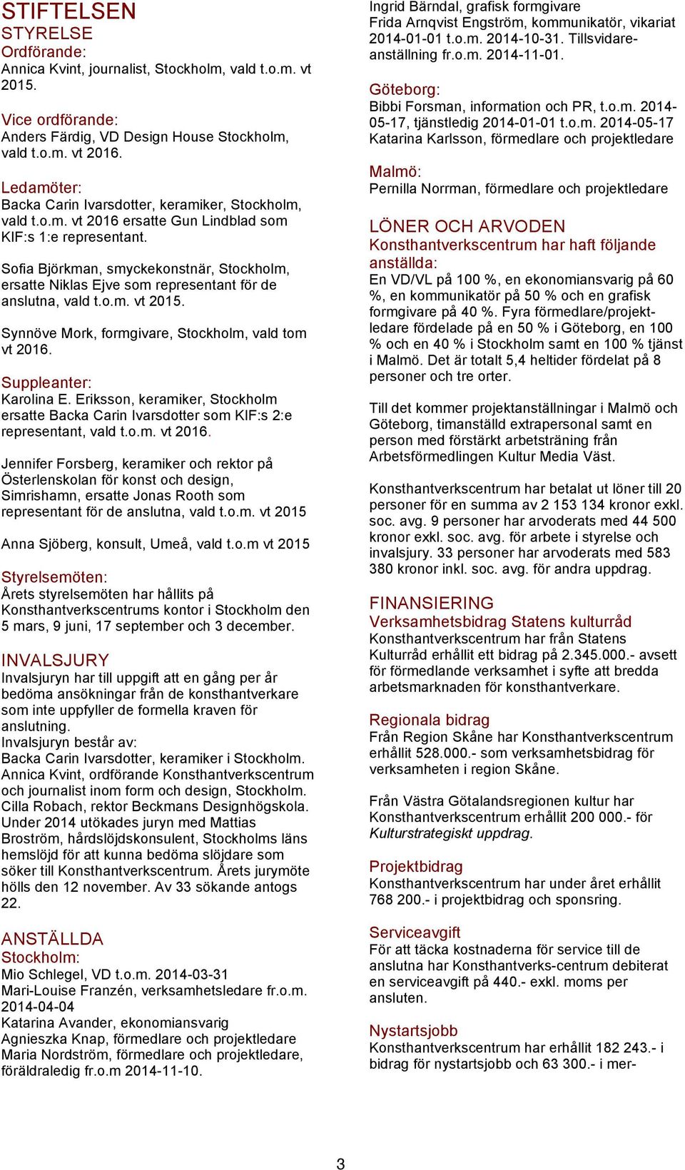 Sofia Björkman, smyckekonstnär, Stockholm, ersatte Niklas Ejve som representant för de anslutna, vald t.o.m. vt 2015. Synnöve Mork, formgivare, Stockholm, vald tom vt 2016. Suppleanter: Karolina E.