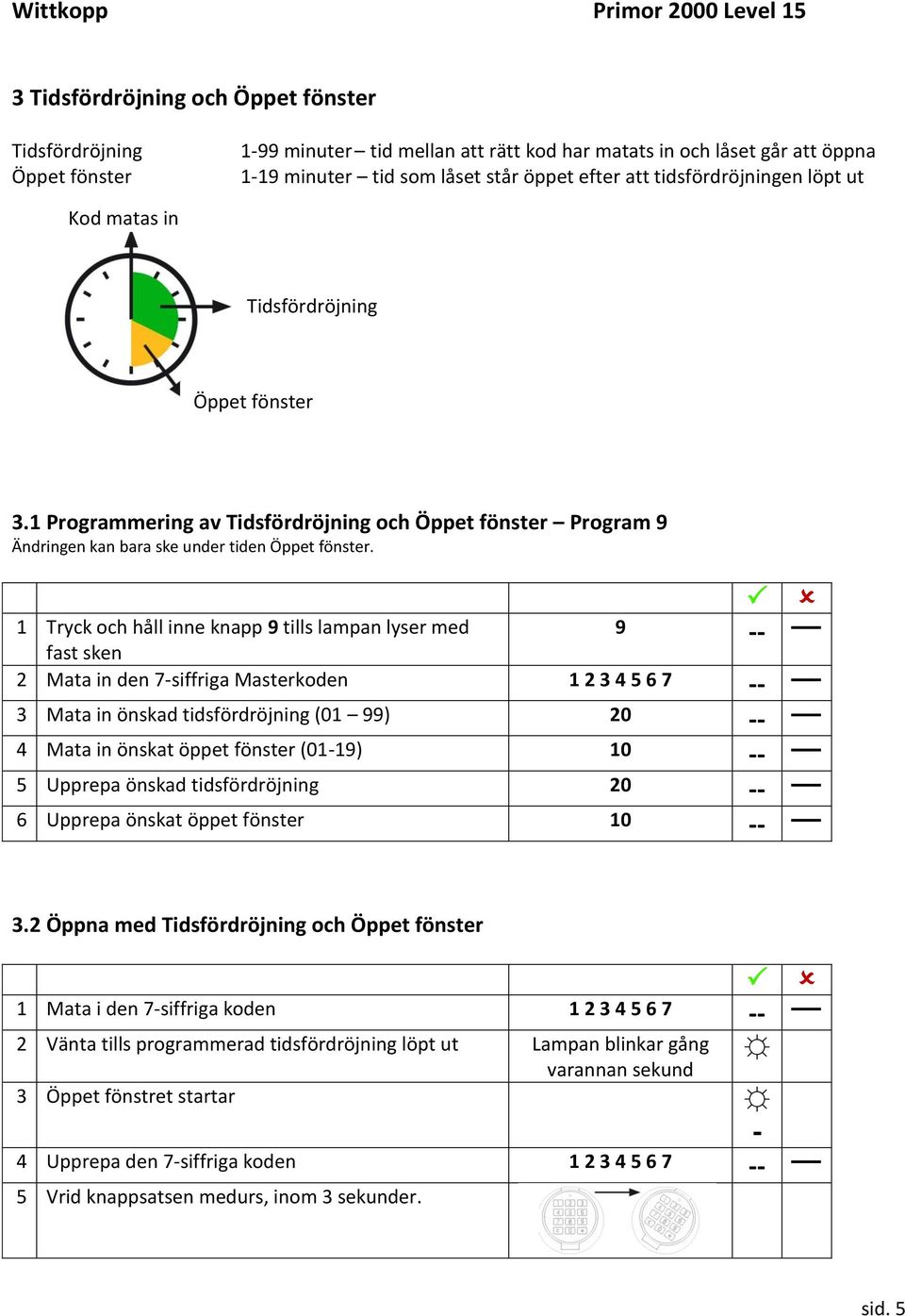 1 Tryck och håll inne knapp 9 tills lampan lyser med 9 -- 2 Mata in den 7-siffriga Masterkoden 1 2 3 4 5 6 7 -- 3 Mata in önskad tidsfördröjning (01 99) 20 -- 4 Mata in önskat öppet fönster (01-19)