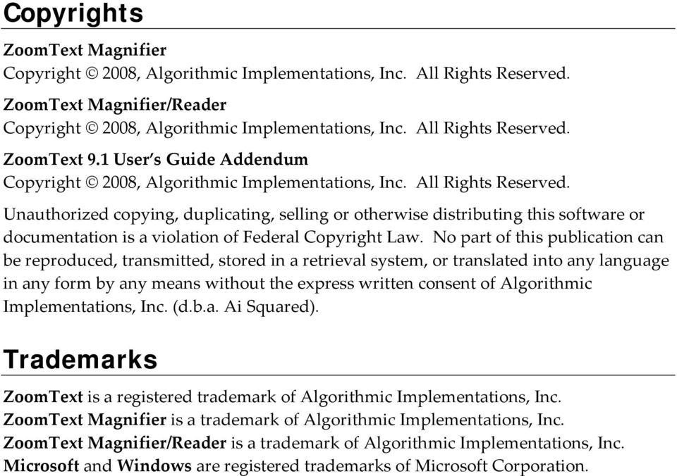 Unauthorized copying, duplicating, selling or otherwise distributing this software or documentation is a violation of Federal Copyright Law.