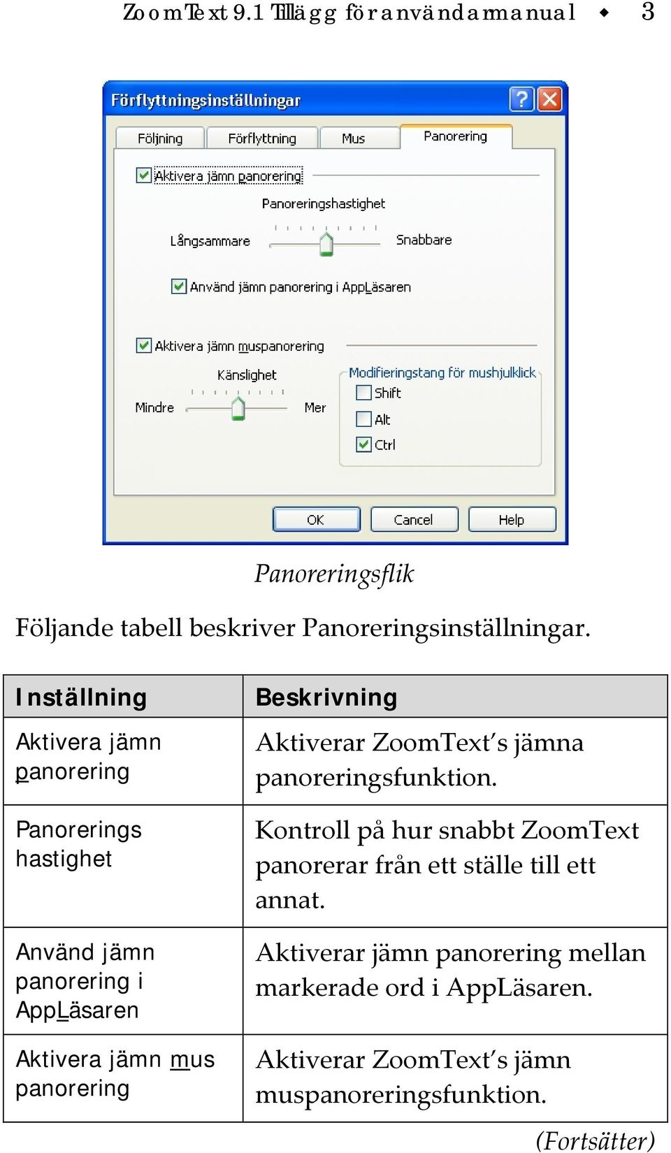 panorering Beskrivning Aktiverar ZoomText s jämna panoreringsfunktion.