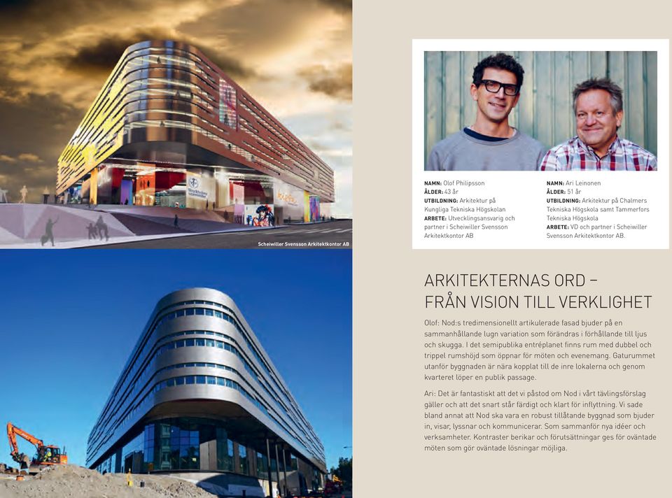AB. ARKITEKTERNAS ORD FRÅN VISION TILL VERKLIGHET Olof: Nod:s tredimensionellt artikulerade fasad bjuder på en sammanhållande lugn variation som förändras i förhållande till ljus och skugga.