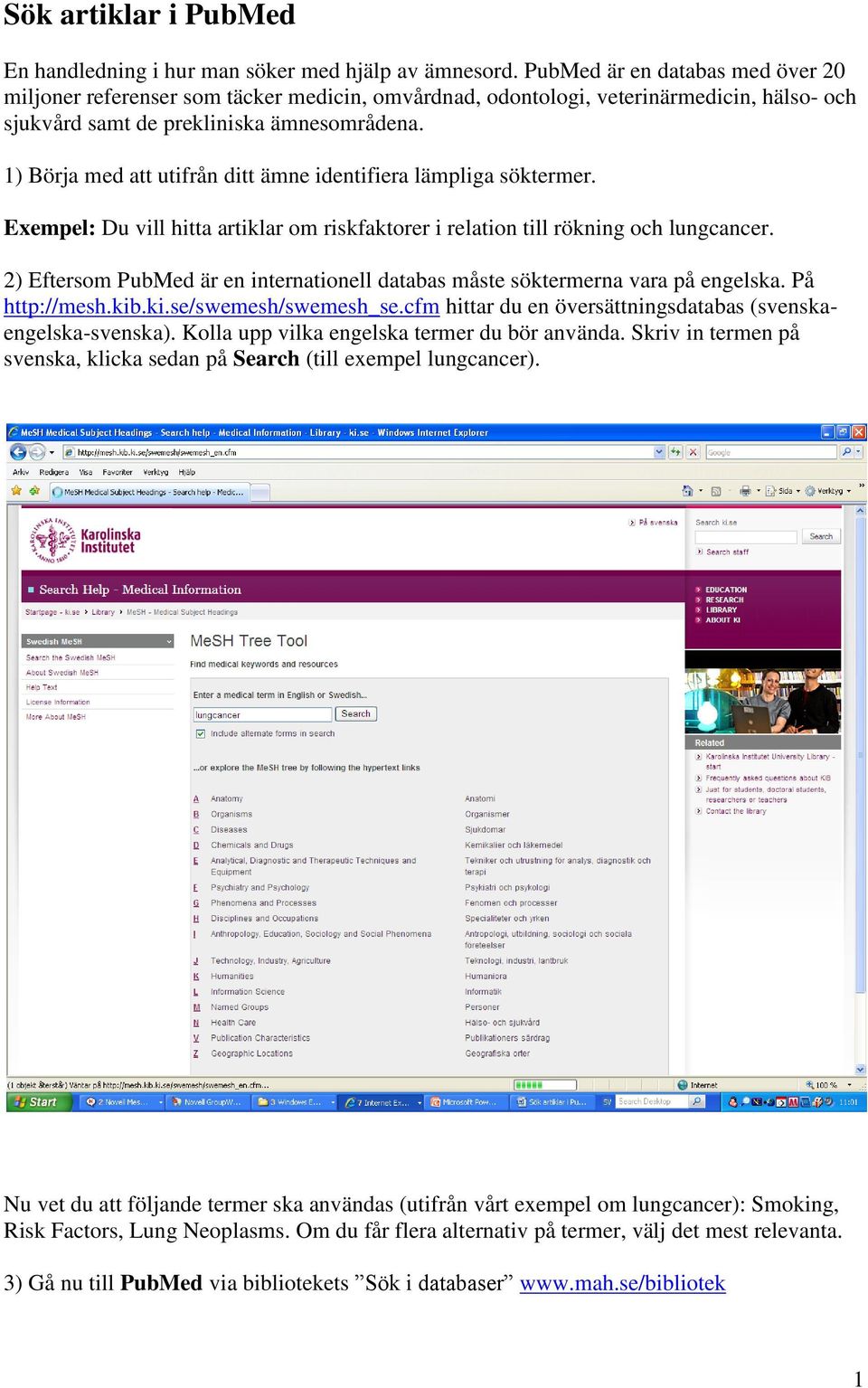 1) Börja med att utifrån ditt ämne identifiera lämpliga söktermer. Exempel: Du vill hitta artiklar om riskfaktorer i relation till rökning och lungcancer.