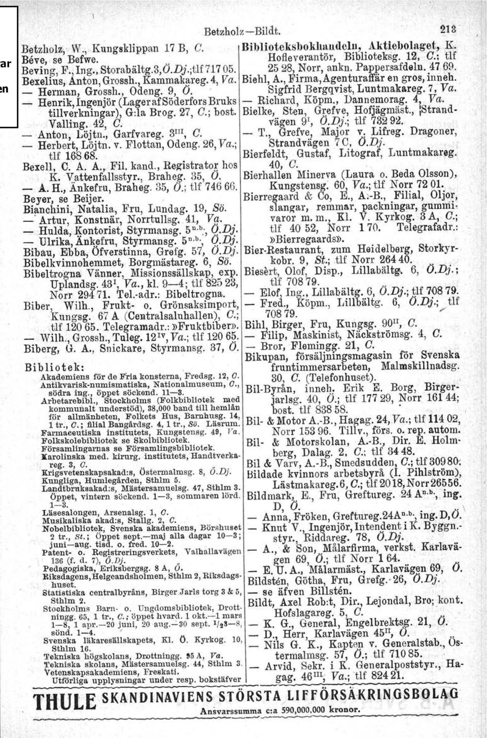 ' Sigfrid Bergqvist, Luntmaka.reg. 7, Va.. _ Henrik,Ingenjör (Lager afsöderfors Bruks - Richard, Köpm., Dannemorag. 4, Va. tillverkningar),g:la Brog. 27, C.; bost. Bielke, Sten, Grefve, Hofjägmäst.
