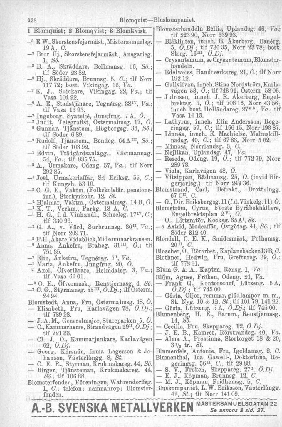 16, Sö.; handeln. ( tlf Söder 2382. - Edelweiss, Handtverkareg. 21, C.; tlf Norr _3 Hj., Skräddare, Brunneg. 5, C.; tlf Non' 19212. 11772; bost. Vikingag, 16, Va. - Gullvifvan, inneh. Stina Nordström.