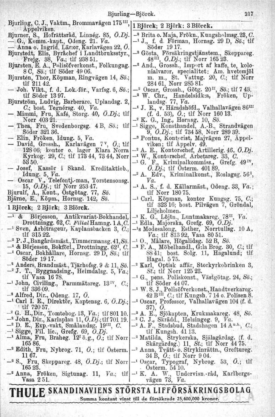 ., Bjurstedt;' Elis, Byråchef i Landtbruksstyr., _2 Gösta, Försäkringstjänstem., Skeppareg. U'Frejg. S8,Va.; tlf 23851. 48 111, O.Dj.; tlf Norr 16523. Bjursten; E:,A:.,Polisöfverkonst., Folkungag.