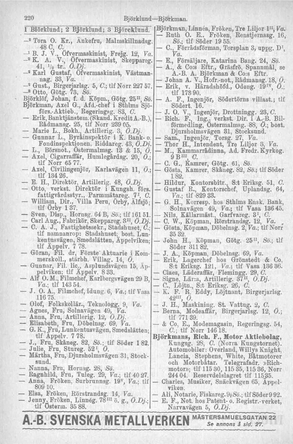 24, Sö. 41~ 1/2 tr.. O.l/j. - A., & Co:s Eftr., Gräsfrö, Spannmål, se _2 Karl Gustaf,' Öfvermaskinist, Västman- A.-B. A. Björkman & Co:s Eftr. _. nag. 33, Va. - - Johan A..v., Hofr.-not., Rådmansg.