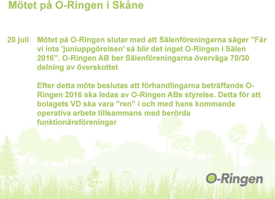 O-Ringen AB ber Sälenföreningarna överväga 70/30 delning av överskottet Efter detta möte beslutas att