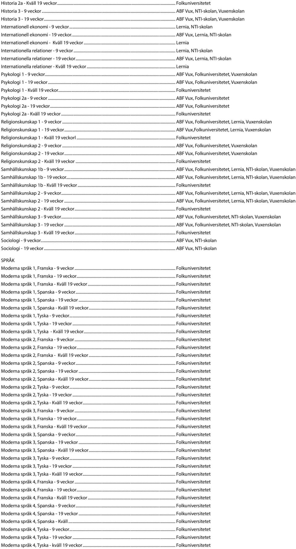 .. Lernia, NTI-skolan Internationella relationer - 19 veckor... ABF Vux, Lernia, NTI-skolan Internationella relationer - Kväll 19 veckor... Lernia Psykologi 1-9 veckor.