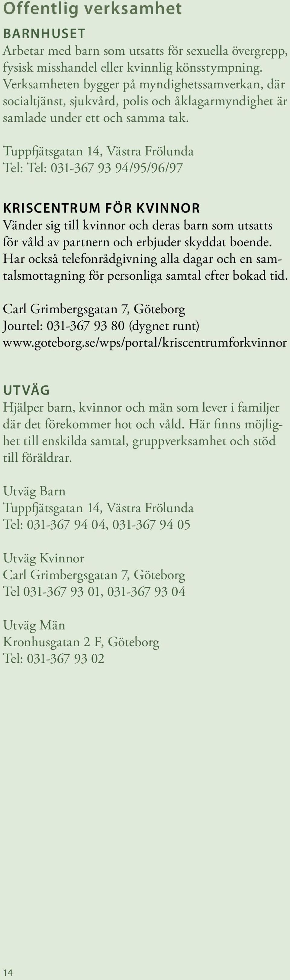 Tuppfjätsgatan 14, Västra Frölunda Tel: Tel: 031-367 93 94/95/96/97 Kriscentrum för kvinnor Vänder sig till kvinnor och deras barn som utsatts för våld av partnern och erbjuder skyddat boende.
