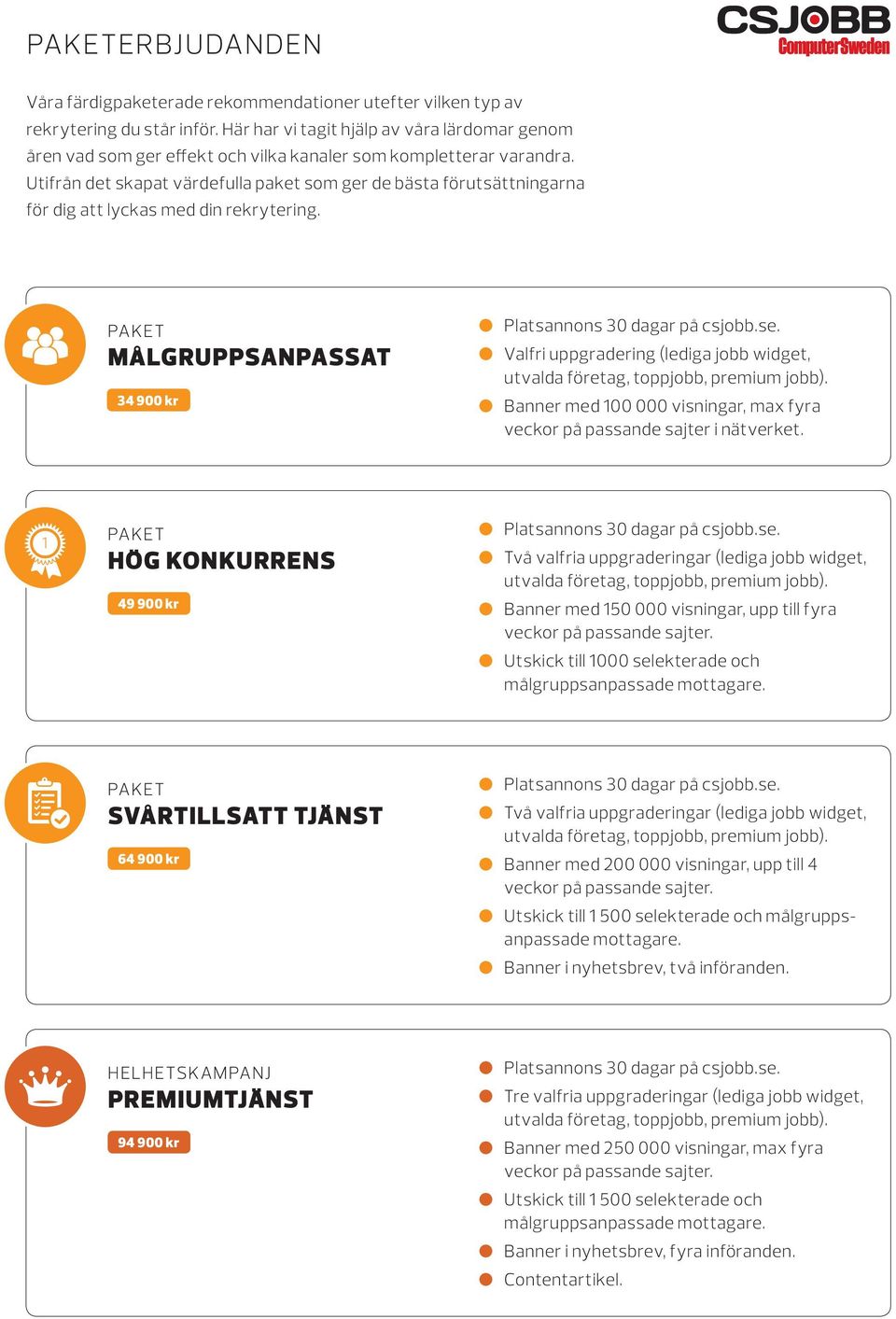 Utifrån det skapat värdefulla paket som ger de bästa förutsättningarna för dig att lyckas med din rekrytering. PAKET MÅLGRUPPSANPASSAT 34 900 kr Platsannons 30 dagar på csjobb.se.