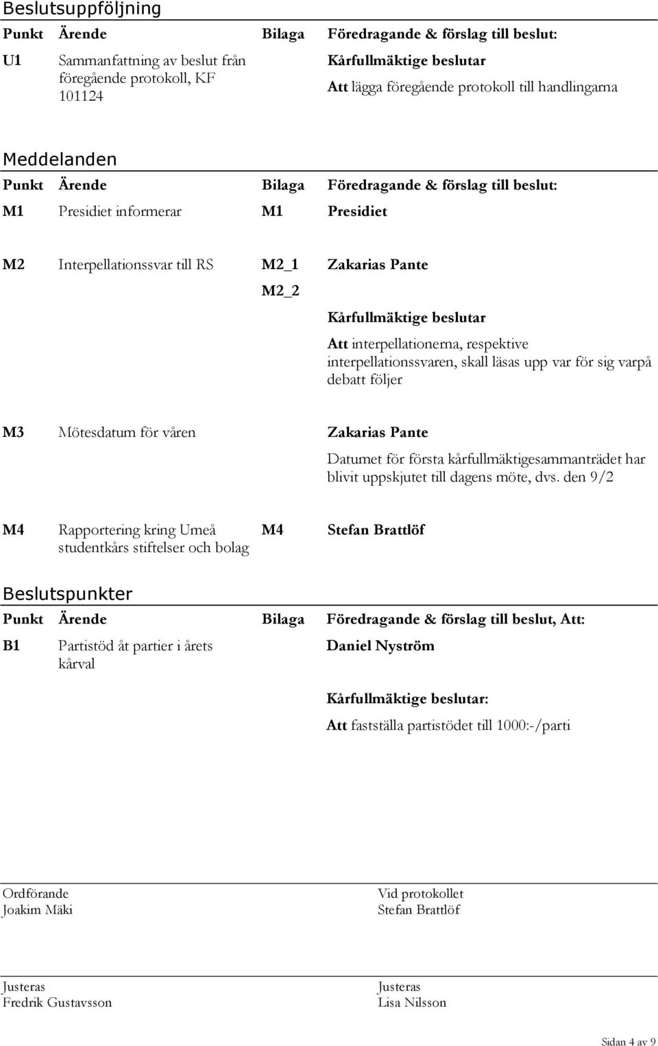 Att interpellationerna, respektive interpellationssvaren, skall läsas upp var för sig varpå debatt följer M3 Mötesdatum för våren Zakarias Pante Datumet för första kårfullmäktigesammanträdet har