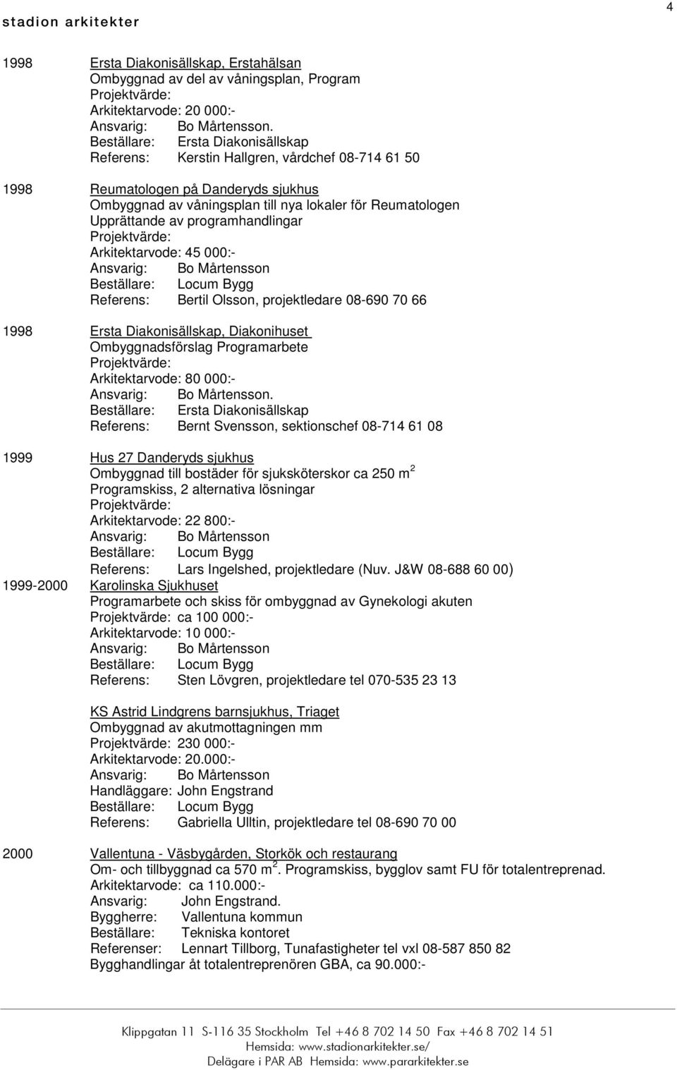 000:- Referens: Bertil Olsson, projektledare 08-690 70 66 1998 Ersta Diakonisällskap, Diakonihuset Ombyggnadsförslag Programarbete Arkitektarvode: 80 000:-.