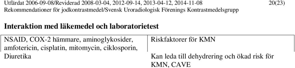 Riskfaktorer för KMN Kan leda till dehydrering och ökad risk för KMN, CAVE forcerad diures med mannitol och loop-diuretika Risk för laktatacidos vid KMN Ökar risken för sena KM-reaktioner upp till 2