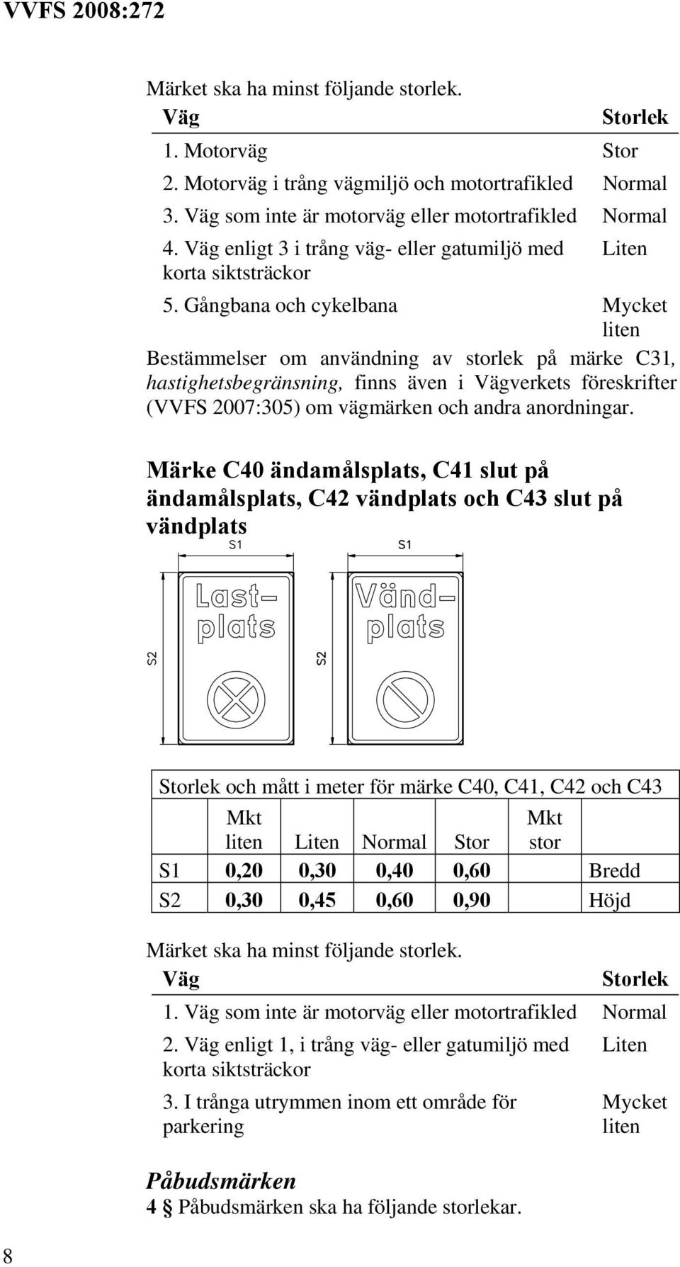 Märke C40 ändamålsplats, C41 slut på ändamålsplats, C42 vändplats och C43 slut på vändplats 8 och mått i meter för märke C40, C41, C42 och C43 S1 0,20 0,30 0,40 0,60 Bredd S2 0,30 0,45 0,60