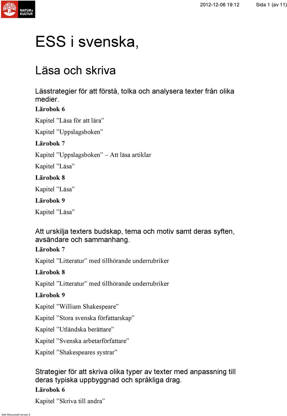 Kapitel Litteratur med tillhörande underrubriker Kapitel Litteratur med tillhörande underrubriker Kapitel William Shakespeare Kapitel Stora svenska författarskap Kapitel