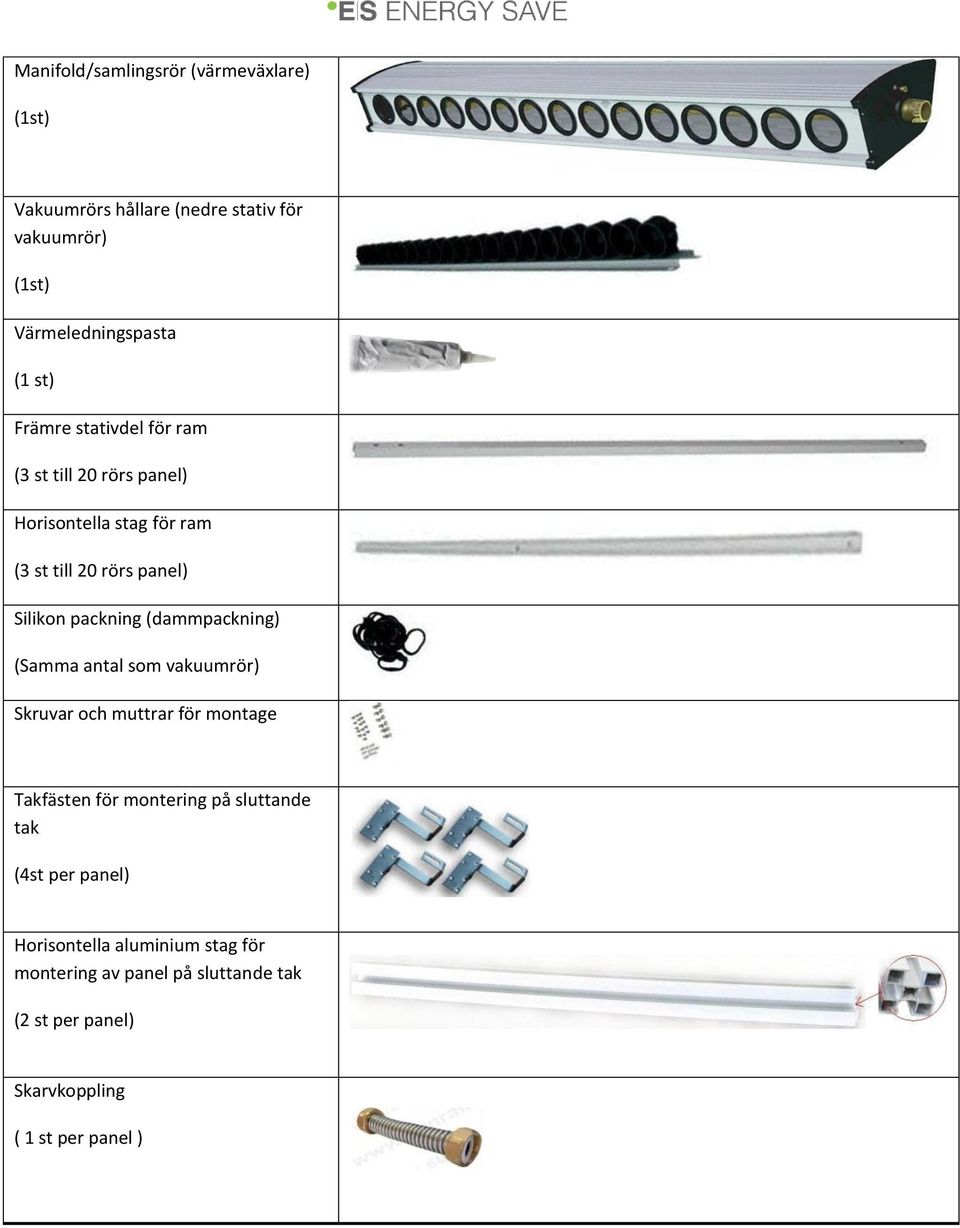 (dammpackning) (Samma antal som vakuumrör) Skruvar och muttrar för montage Takfästen för montering på sluttande tak (4st