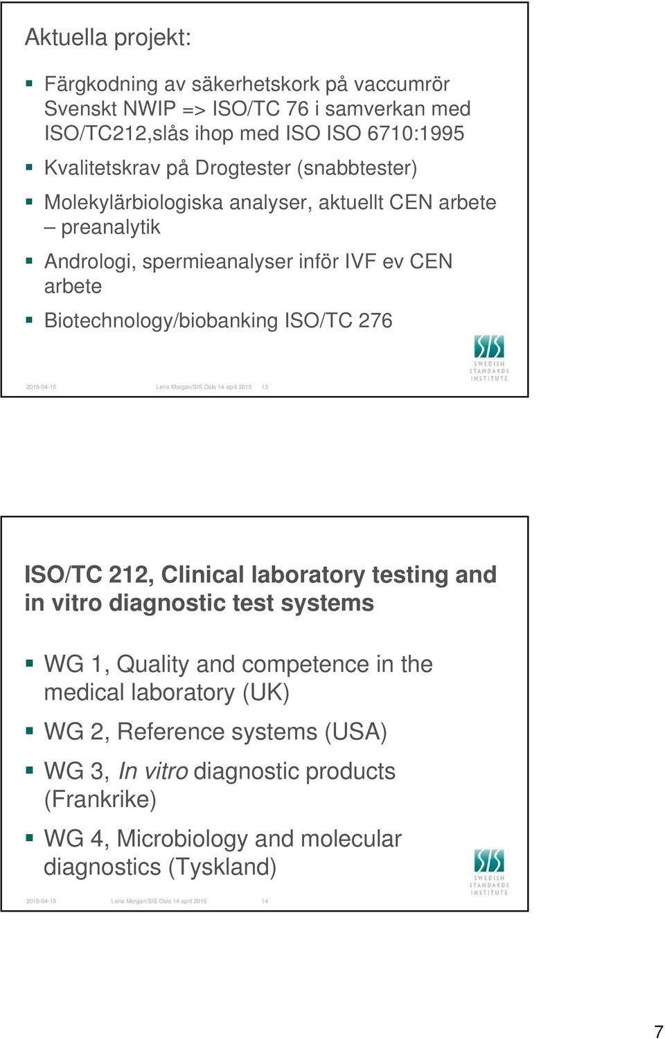 Lena Morgan/SIS Oslo 14 april 2015 13 ISO/TC 212, Clinical laboratory testing and in vitro diagnostic test systems WG 1, Quality and competence in the medical laboratory (UK)