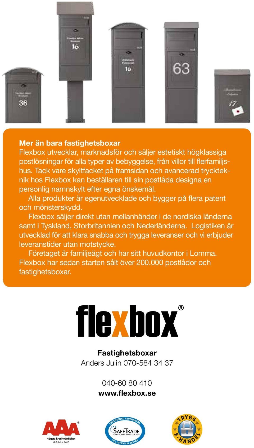 Alla produkter är egenutvecklade och bygger på flera patent och mönsterskydd. Flexbox säljer direkt utan mellanhänder i de nordiska länderna samt i Tyskland, Storbritannien och Nederländerna.