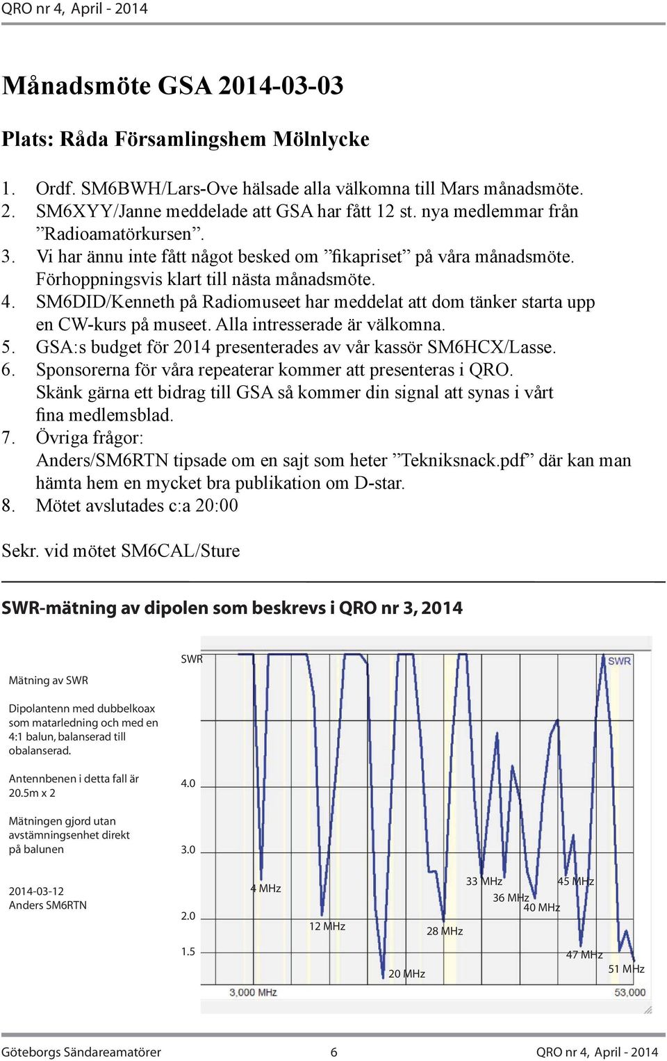 SM6DID/Kenneth på Radiomuseet har meddelat att dom tänker starta upp en CW-kurs på museet. Alla intresserade är välkomna. 5. GSA:s budget för 2014 presenterades av vår kassör SM6HCX/Lasse. 6.