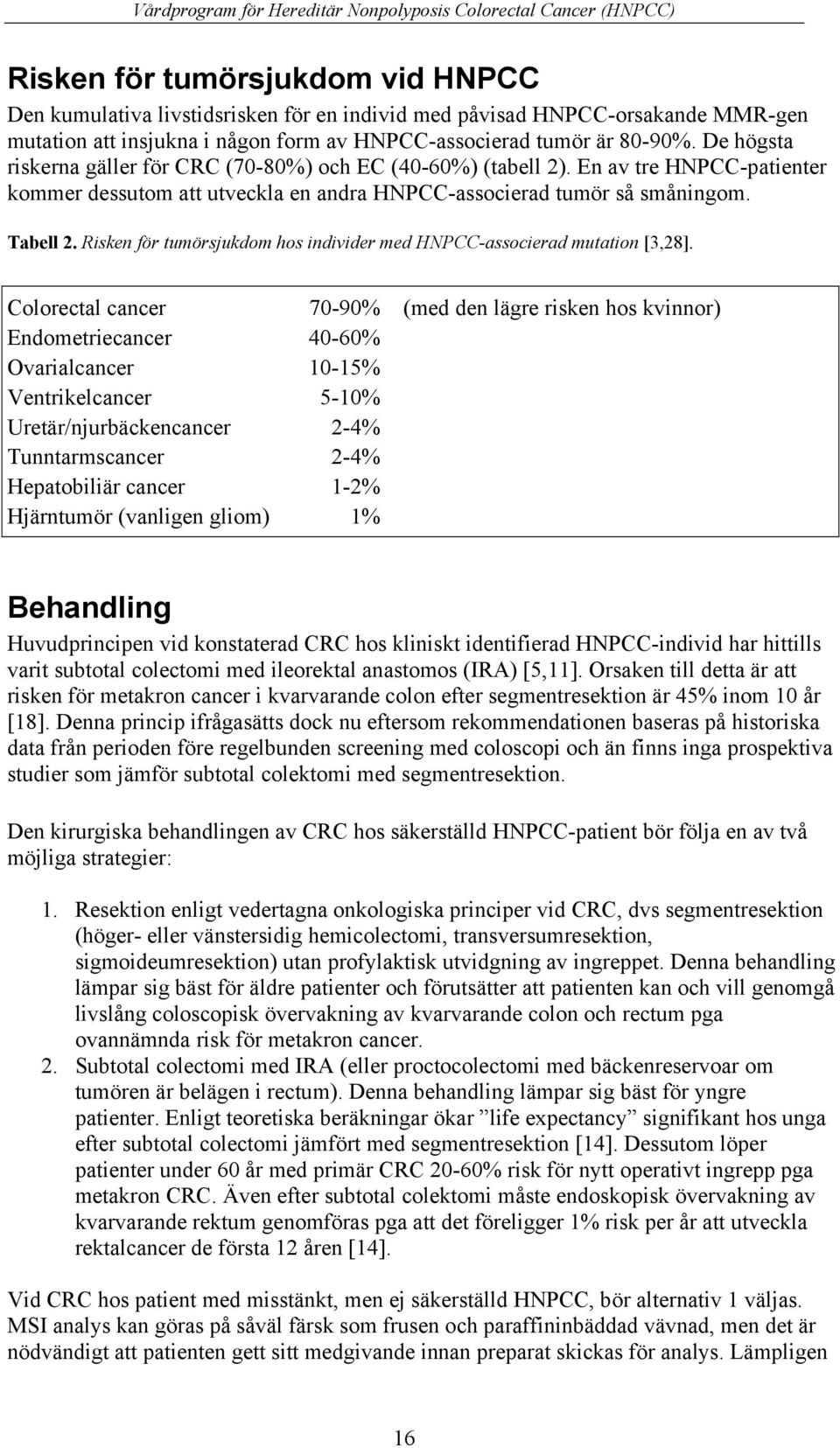 Risken för tumörsjukdom hos individer med HNPCC-associerad mutation [3,28].