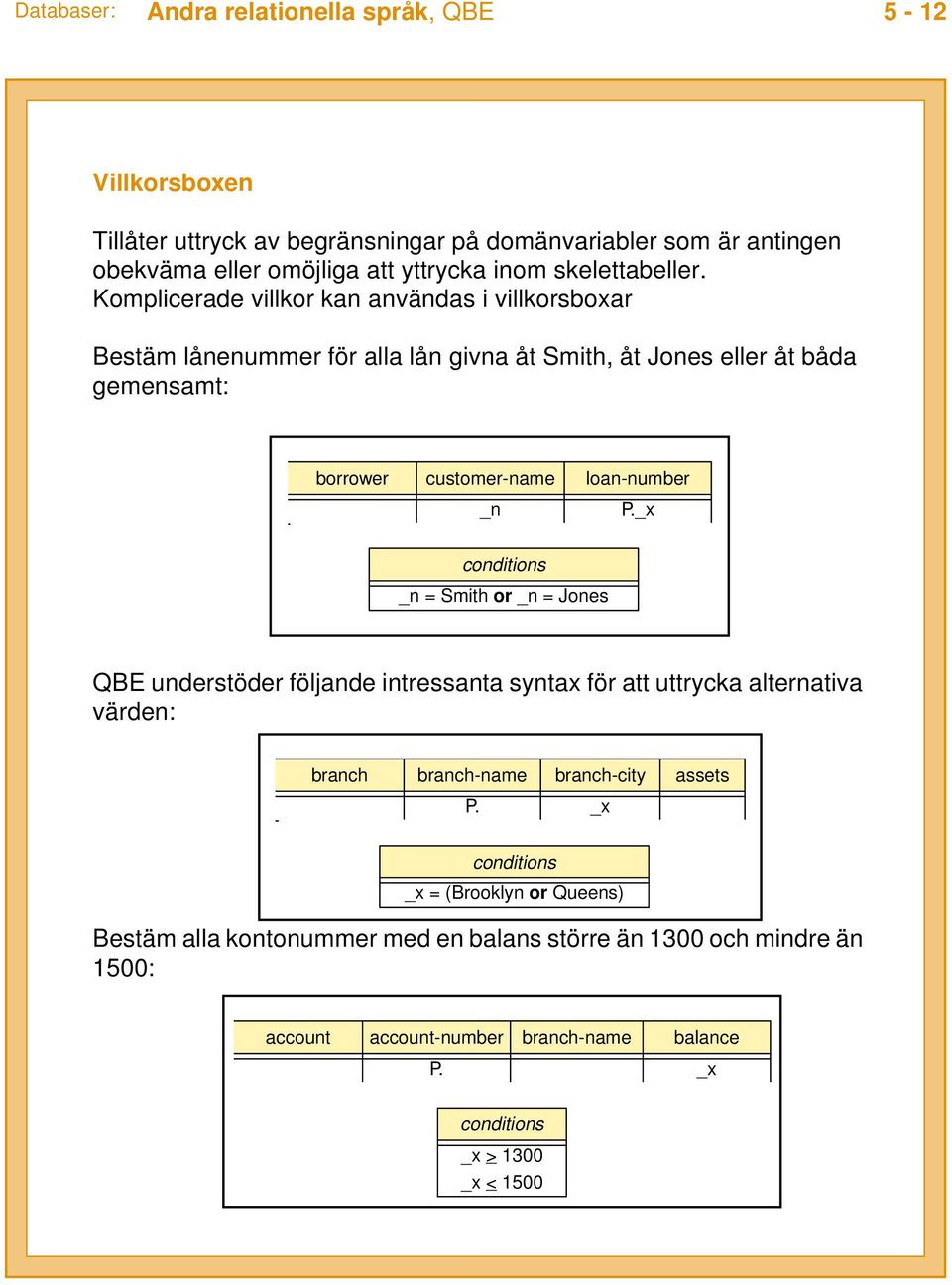 conditions _n = Smith or _n = Jones QBE understöder följande intressanta syntax för att uttrycka alternativa värden: branch branch-name branch-city assets P.