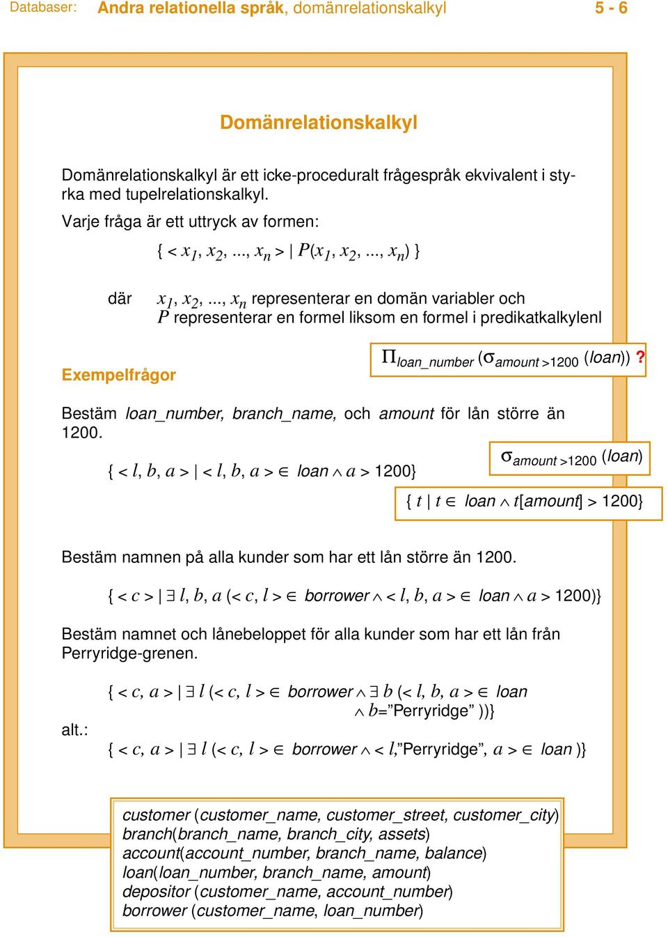 .., x n representerar en domän variabler och P representerar en formel liksom en formel i predikatkalkylenl Exempelfrågor Π loan_number (σ amount >1200 (loan))?