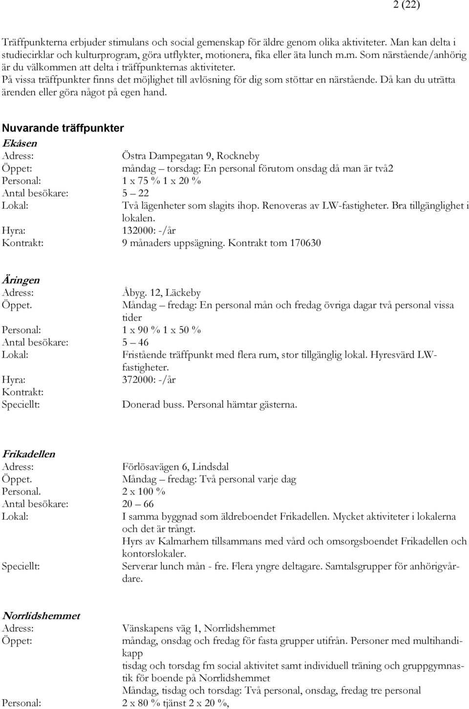 Nuvarande träffpunkter Ekåsen Östra Dampegatan 9, Rockneby Öppet: måndag torsdag: En personal förutom onsdag då man är två2 Personal: 1 x 75 % 1 x 20 % Antal besökare: 5 22 Lokal: Två lägenheter som