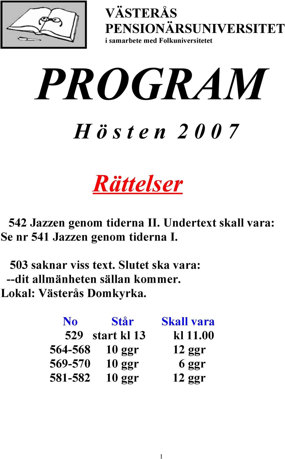 503 saknar viss text. Slutet ska vara: --dit allmänheten sällan kommer. Lokal: Västerås Domkyrka.