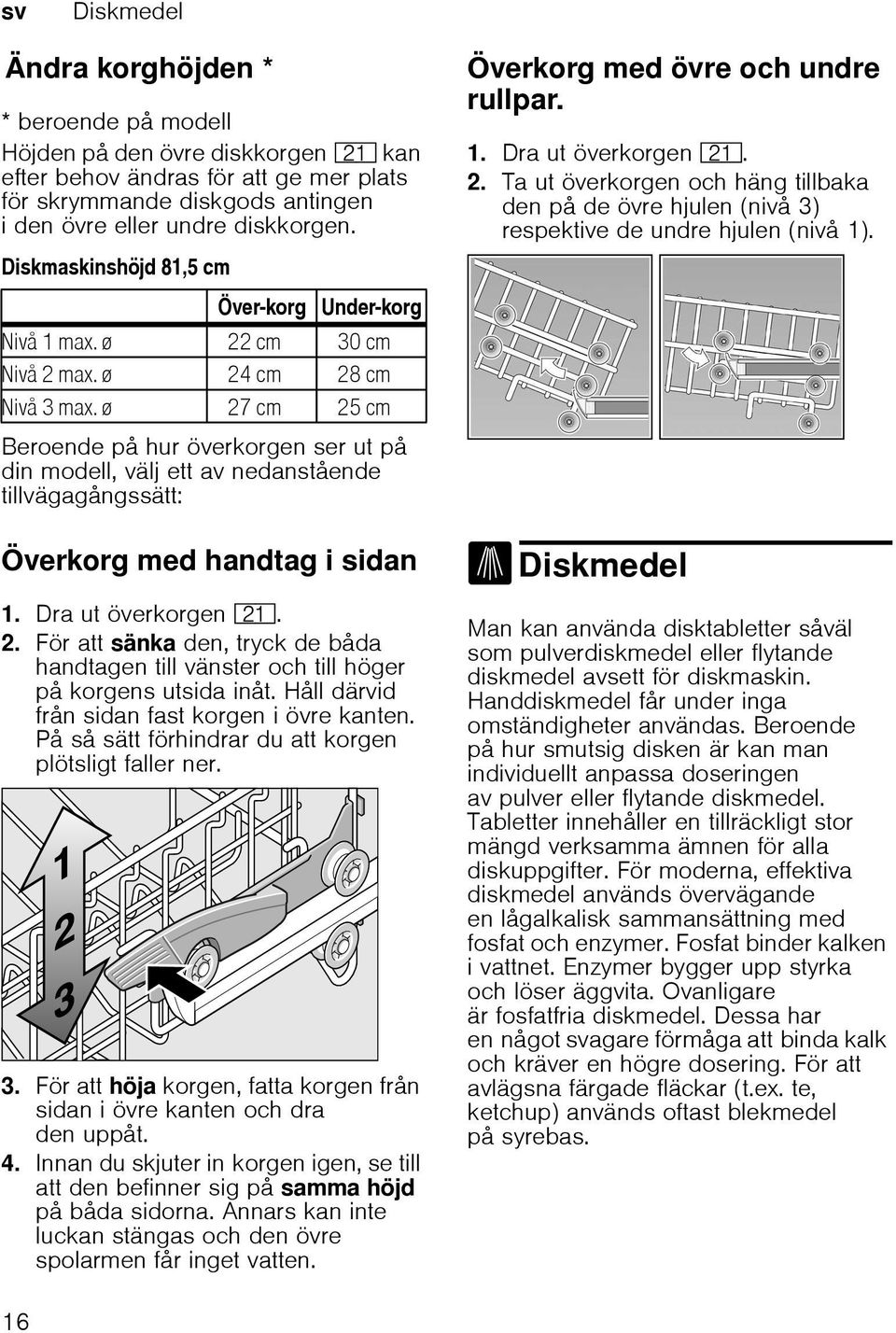 ø 27 cm 25 cm Beroende på hur överkorgen ser ut på din modell, välj ett av nedanstående tillvägagångssätt: Överkorg med övre och undre rullpar. 1. Dra ut överkorgen 1*. 2. Ta ut överkorgen och häng tillbaka den på de övre hjulen (nivå 3) respektive de undre hjulen (nivå 1).