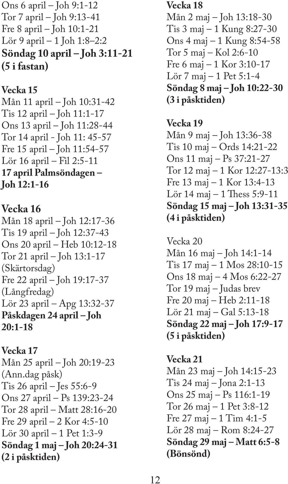 Ons 20 april Heb 10:12-18 Tor 21 april Joh 13:1-17 (Skärtorsdag) Fre 22 april Joh 19:17-37 (Långfredag) Lör 23 april Apg 13:32-37 Påskdagen 24 april Joh 20:1-18 Vecka 17 Mån 25 april Joh 20:19-23