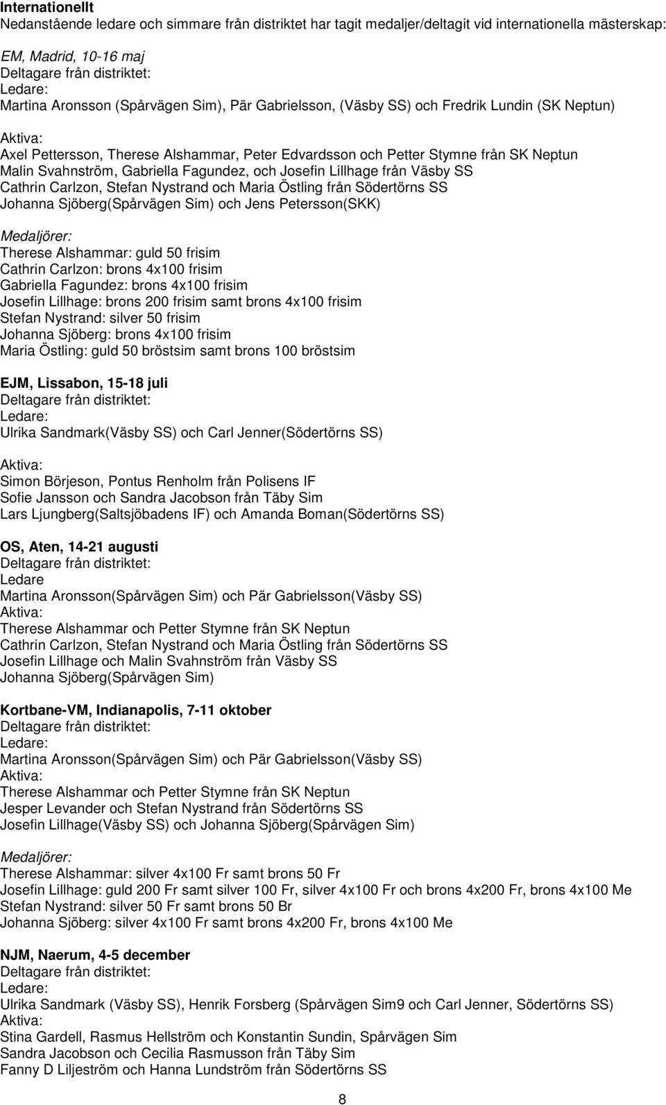 Fagundez, och Josefin Lillhage från Väsby SS Cathrin Carlzon, Stefan Nystrand och Maria Östling från Södertörns SS Johanna Sjöberg(Spårvägen Sim) och Jens Petersson(SKK) Medaljörer: Therese
