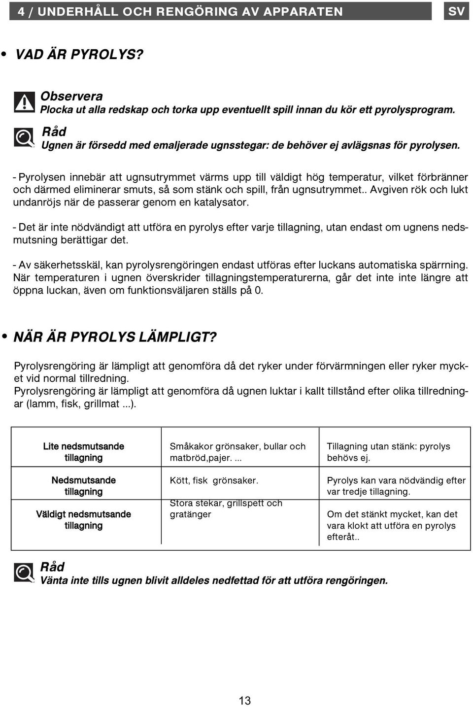 - Pyrolysen innebär att ugnsutrymmet värms upp till väldigt hög temperatur, vilket förbränner och därmed eliminerar smuts, så som stänk och spill, från ugnsutrymmet.
