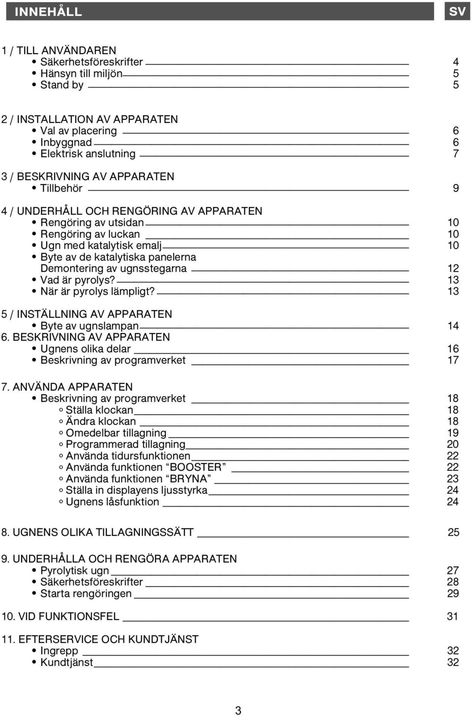 12 Vad är pyrolys? 13 När är pyrolys lämpligt? 13 5 / INSTÄLLNING AV APPARATEN Byte av ugnslampan 14 6. BESKRIVNING AV APPARATEN Ugnens olika delar 16 Beskrivning av programverket 17 7.