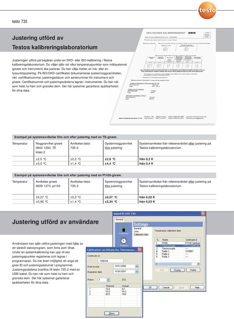 På ISO/DKD-certifikatet dokumenteras systemnoggrannheten, inkl. certifikatnummer, justeringsdatum och serienummer för instrument och givare.