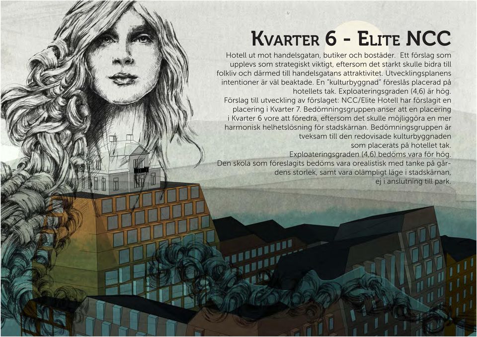 En kulturbyggnad föreslås placerad på hotellets tak. Exploateringsgraden (4,6) är hög. Förslag till utveckling av förslaget: NCC/Elite Hotell har förslagit en placering i Kvarter 7.