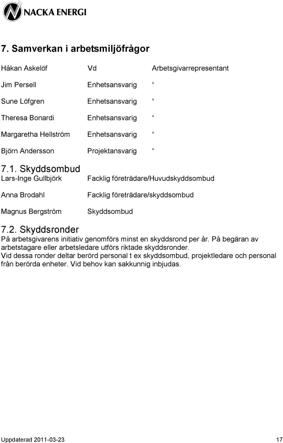 Skyddsombud Lars-Inge Gullbjörk Anna Brodahl Magnus Bergström Facklig företrädare/huvudskyddsombud Facklig företrädare/skyddsombud Skyddsombud 7.2.