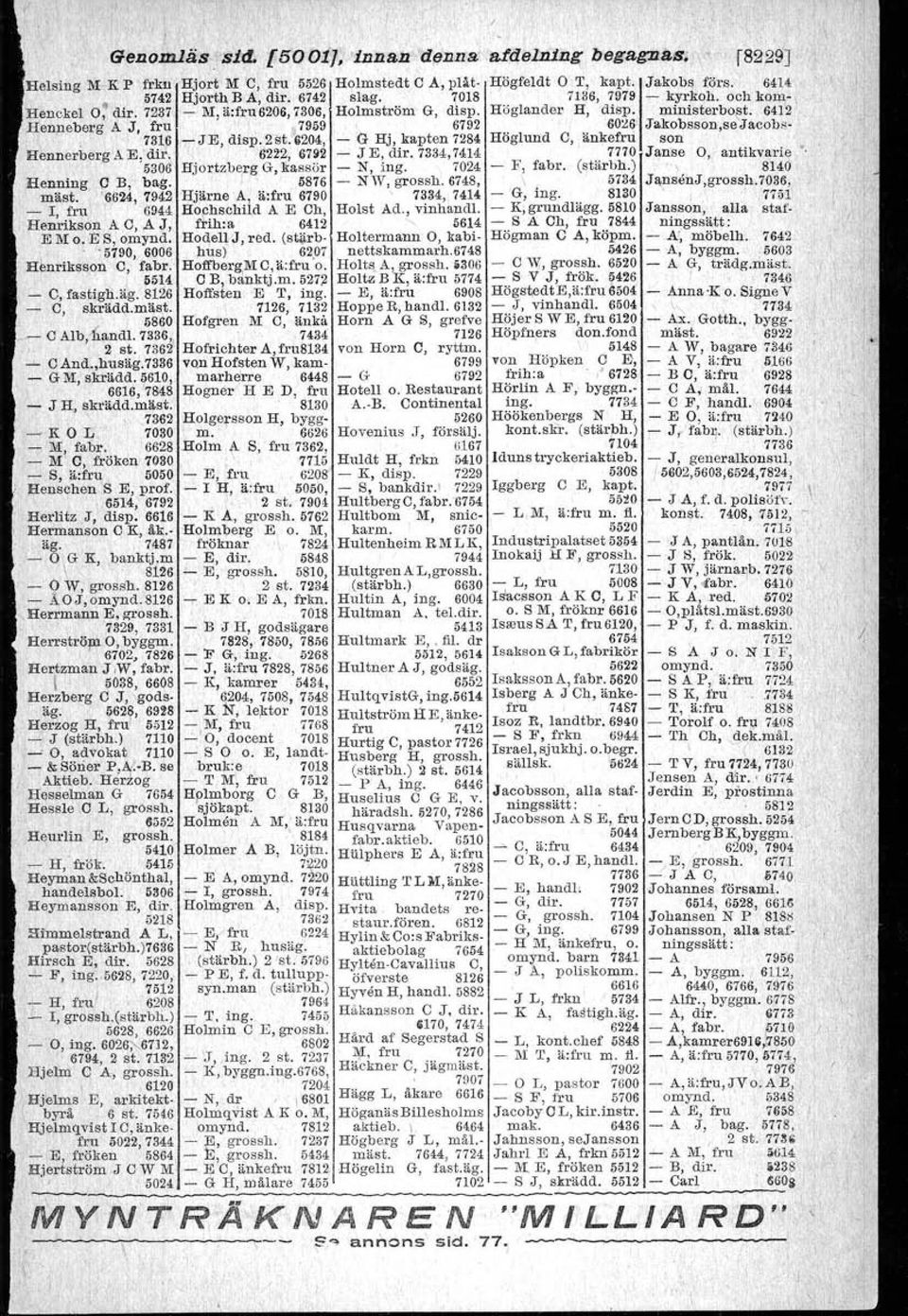641'2: Renneberg A J, fru 7959 6792 60~6 Jakobsson,seJacobs-., 1316 -JE, disp.2st.g204, - G Hj, kapten 7284 Höglund C, änkefru son Hennerberg AE, dir., '6222, 6792 - J E, dir.