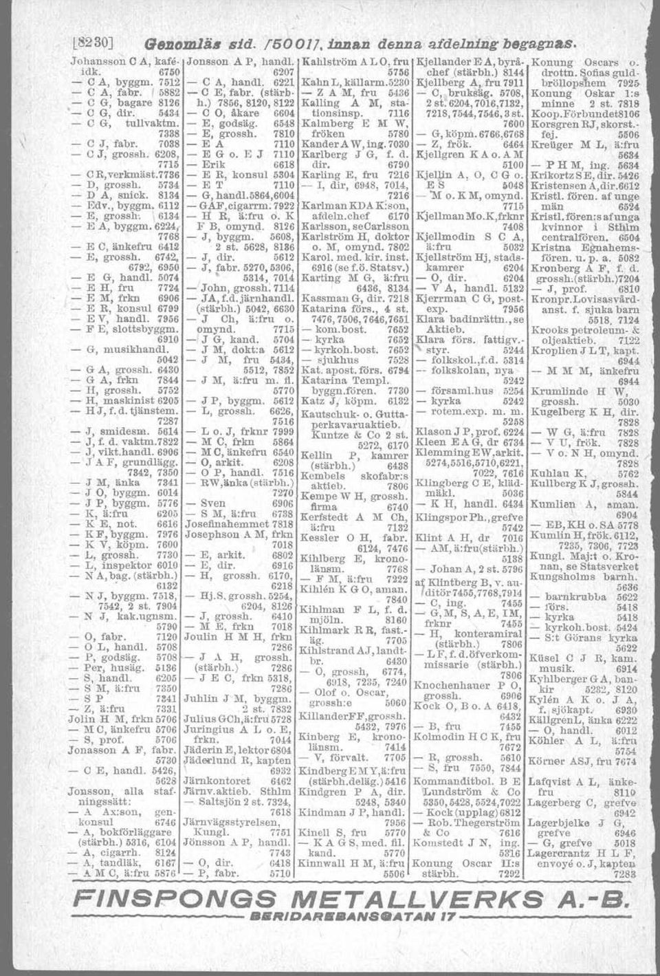 5708, Konung Oskar 1: - C G, bagare 8126 h.) 7856,8120,8122 Kalling A M, sta: 2 st. 6204,7016,7132, minne 2 st. 7818 - C G, dir.. 5434 - C O, åkare 6604 tionsinsp. 7116 7218,7544,7546,3st. Koop.