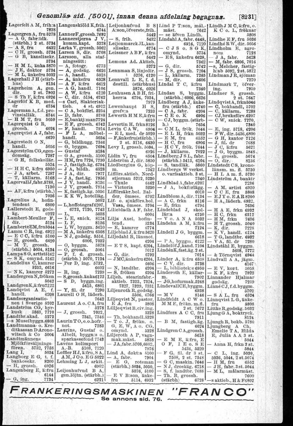 Lannerstjerna J V, - S, frih. 5432 Lindahl A, fabr. 6448,.Lindhe E F, fru 5036I (stärbh.) 2/ st. 5734 komm.kapt, 5278 LejjonmmrckJL,kan- 6916, 7120 Lindhe R W, dir.