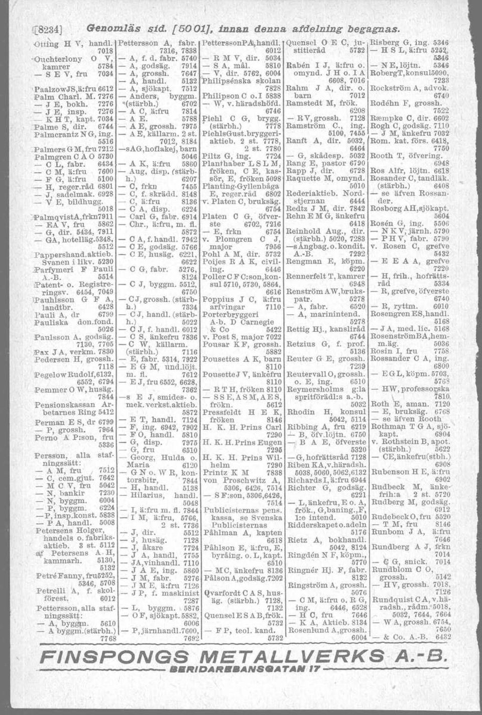 - N E, löjtn. 5346 _ S E V, fru 7034 - A, grossh. 7647 - V, dir. 3762, 6004 omynd. J H o. l A RobergT,konsuiå090, - A, hand!. 3132 Philtpsenska skolan 6608,7016 7233 'PaalzowJS,ä:fru6612 - A, sjökapt.