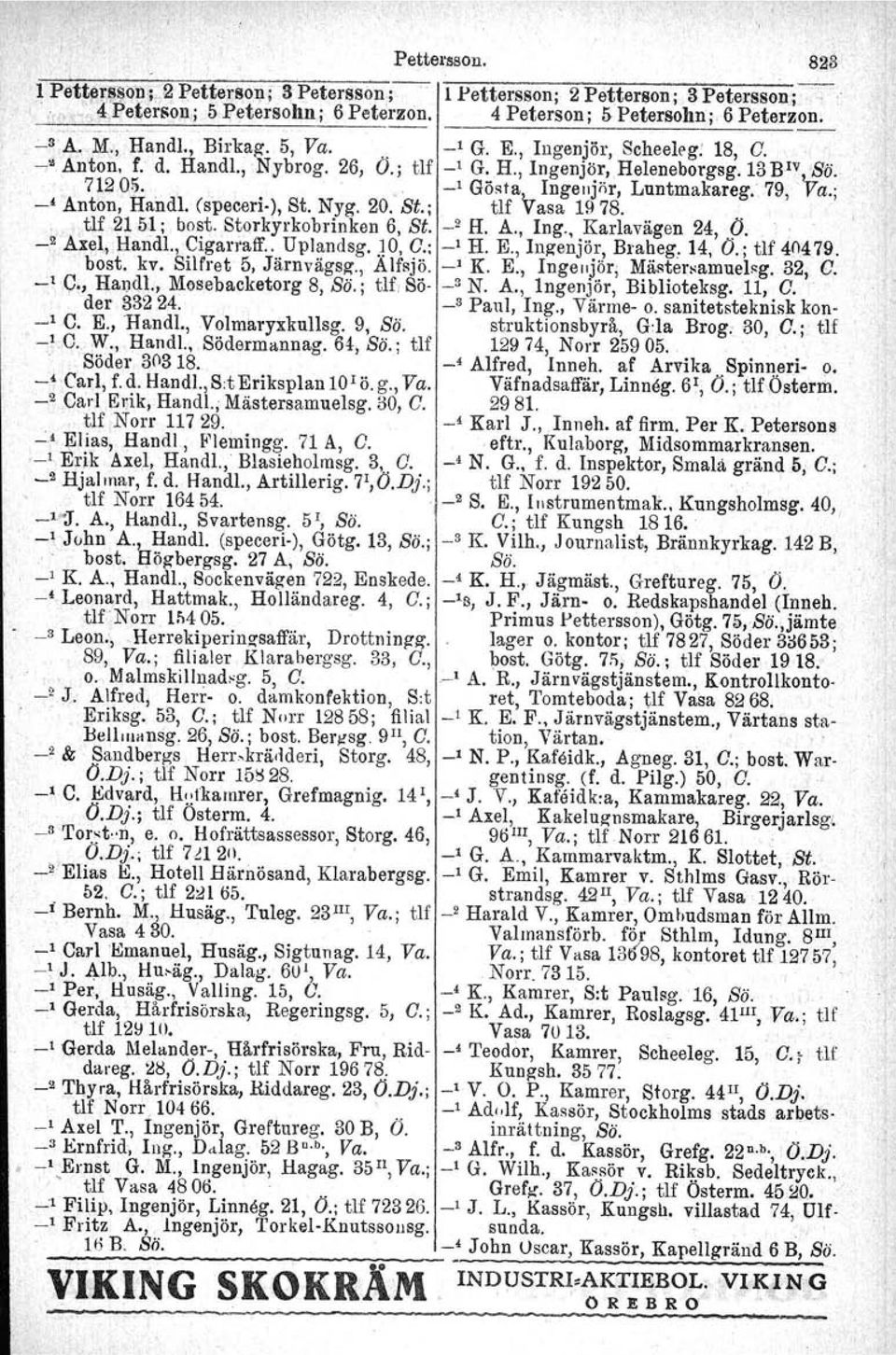 ; -, Anton, Handl. (speceri-), St. Nyg. 20. Si.; tlf Vasa 1978. tlf 21 51; bast. Storkyrkobrinken 6, St. _2 H. A., Ing., Karlavägen 24, (J.. _2 Axel, Handl., Cigarraff.. Uplandsg..10, O.: _1 H. E.