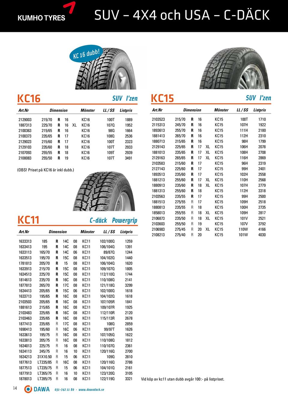 235/60 R 18 KC16 107T 2933 2107093 255/55 R 18 KC16 109T 2939 2108083 255/50 R 19 KC16 107T 3491 KC11 C-däck Powergrip 1633313 185 R 14C 08 KC11 102/100Q 1259 1633413 195 R 14C 08 KC11 106/104Q 1391