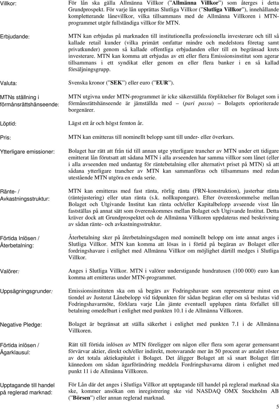 För varje lån upprättas Slutliga Villkor ( Slutliga Villkor ), innehållande kompletterande lånevillkor, vilka tillsammans med de Allmänna Villkoren i MTNprogrammet utgör fullständiga villkor för MTN.