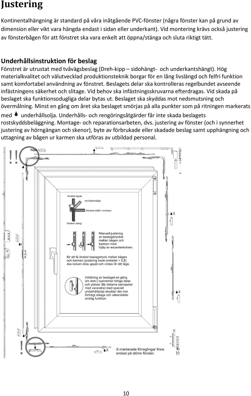 Underhållsinstruktion för beslag Fönstret är utrustat med tvåvägsbeslag (Dreh-kipp sidohängt- och underkantshängt).