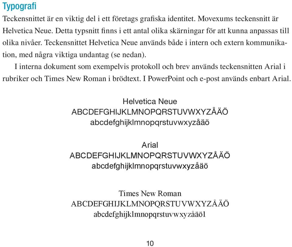 Teckensnittet Helvetica Neue används både i intern och extern kommunikation, med några viktiga undantag (se nedan).
